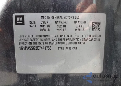 2014 Chevrolet Cruze Ls Auto z USA, uszkodzony, nr VIN 1G1PA5SG2E7441753